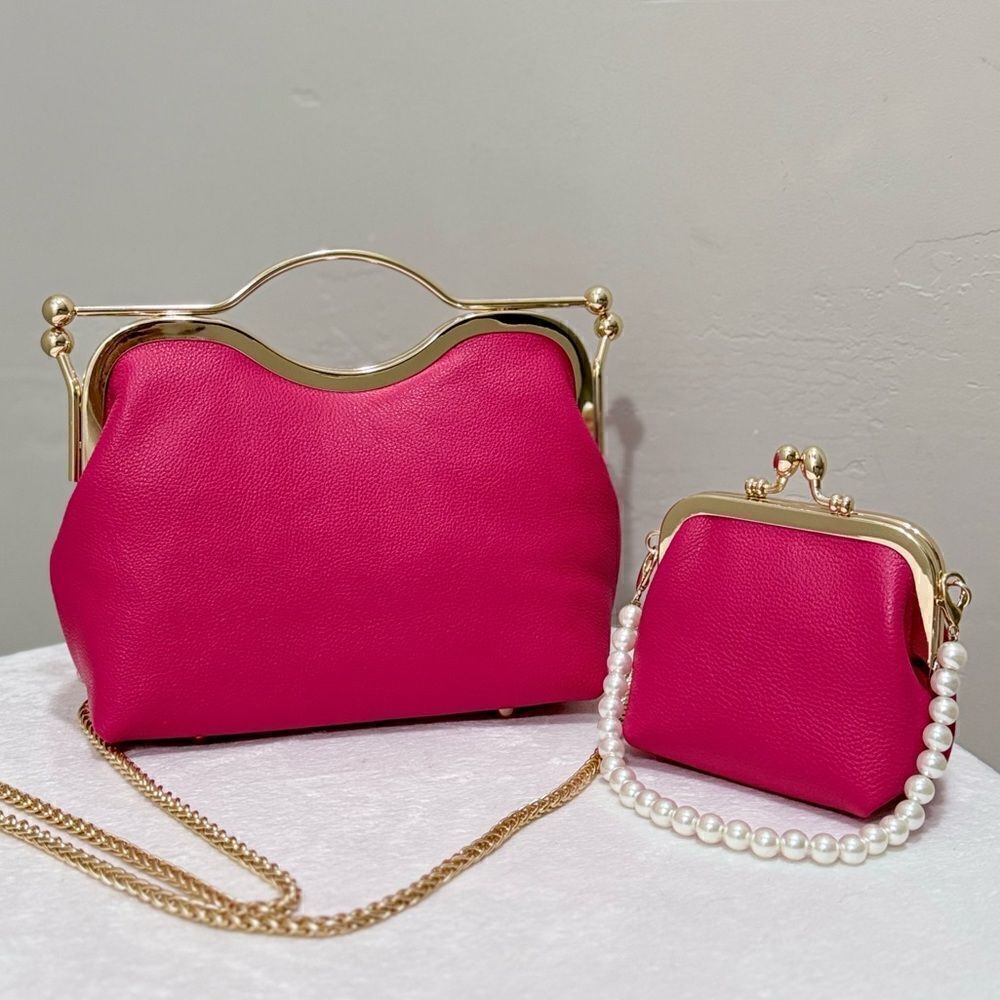 Hot Pink Pebble Leather Handmade Double Kisslock, Metal Frame Handbag Set